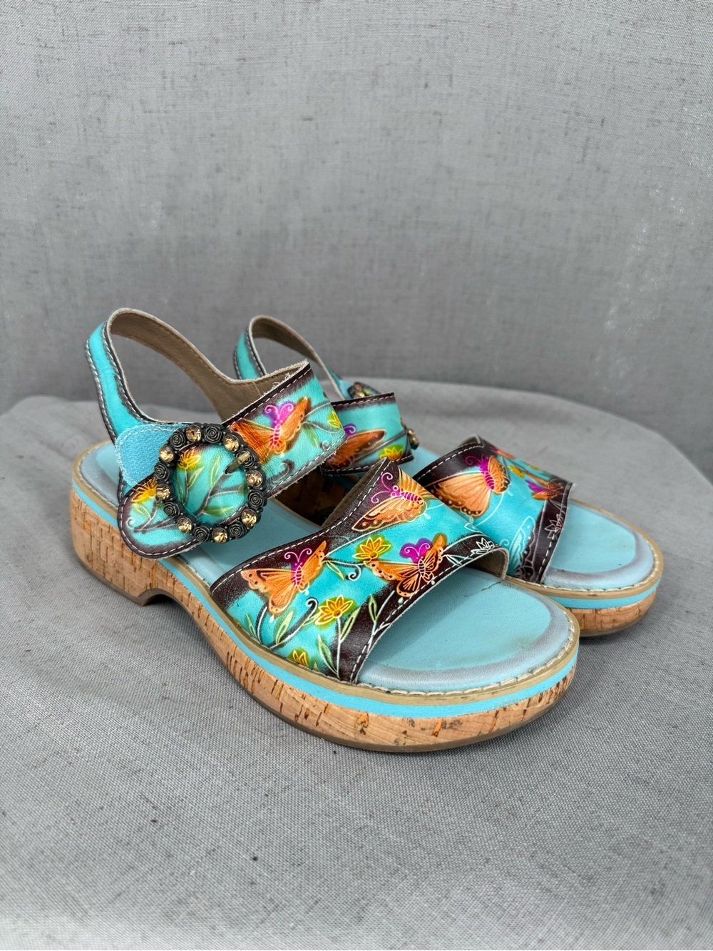 Spring Step L'Artiste Kenna Sandals Blue & Floral Handpainted Leather Cork Sz 6